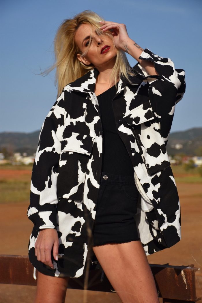 Jean Jacket Oversized Cow Print