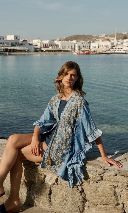 Boho Denim Κιμονό με Κεντήματα