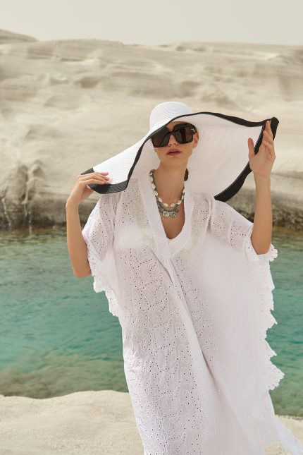 Μεγάλο Ψάθινο Καπέλο Λευκό με Μαύρο “Monia”