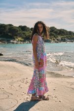 Μακρύ Καφτάνι Σατέν Μωβ Εμπριμέ