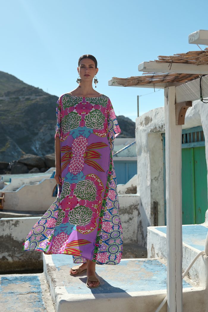 Μακρύ Καφτάνι Με Boho Print Σε Λιλά Φόντο