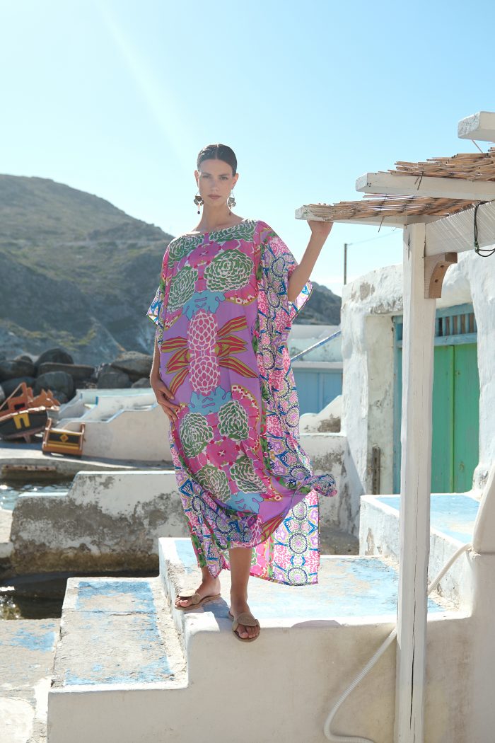 Μακρύ Καφτάνι Με Boho Print Σε Λιλά Φόντο