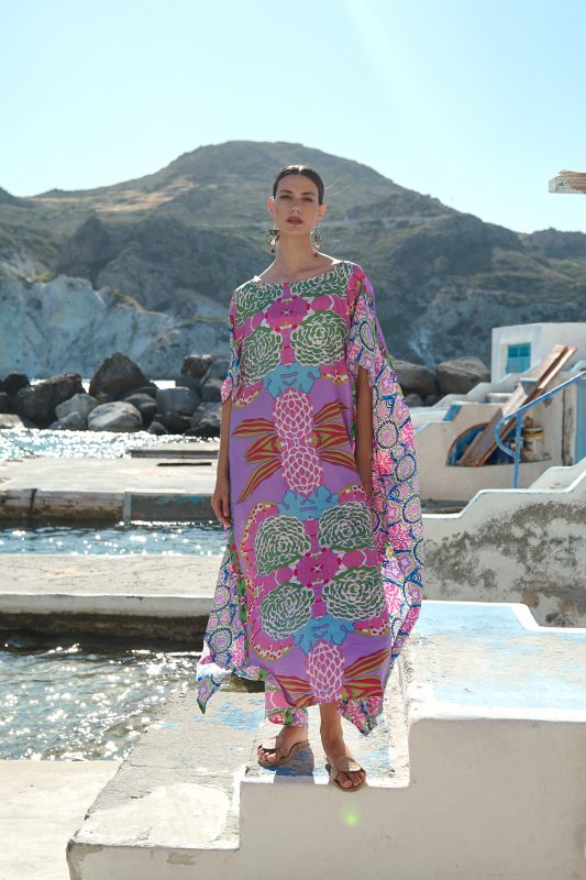 Μακρύ Καφτάνι Με Boho Print Σε Λιλά Φόντο