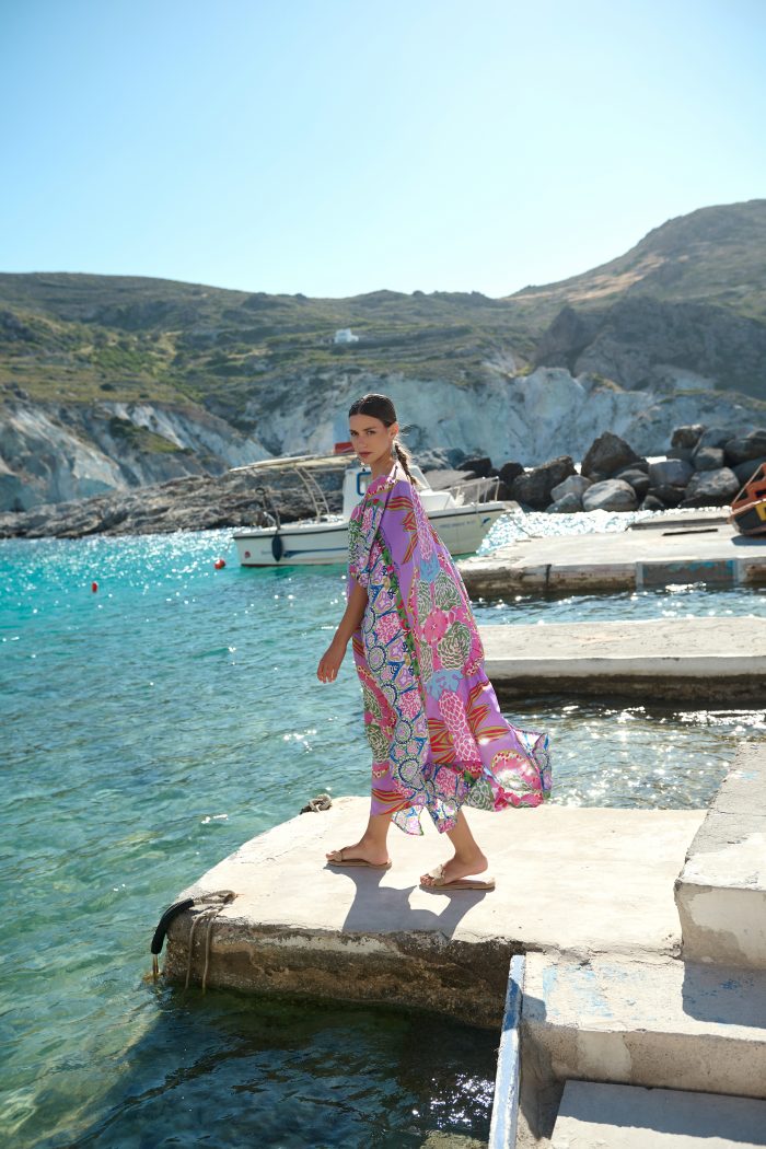 Μακρύ Καφτάνι Με Boho Print Σε Λιλά Φόντο