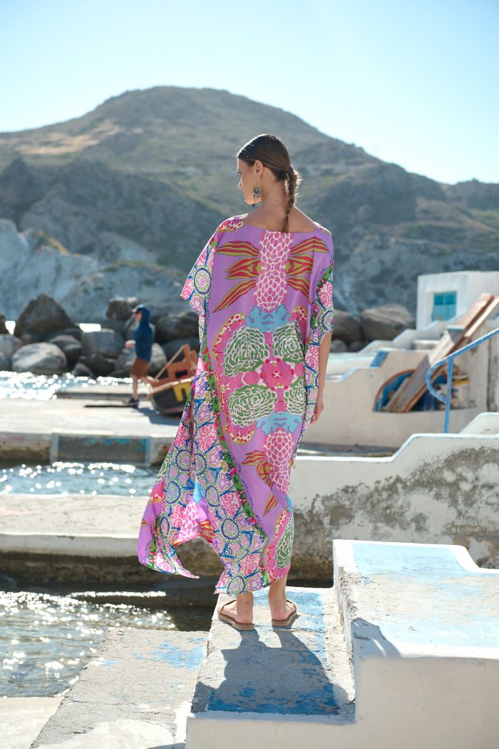 Μακρύ Καφτάνι Με Boho Print Σε Λιλά Φόντο