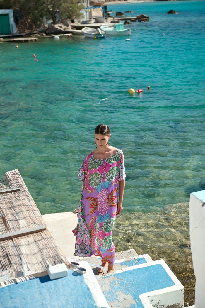 Μακρύ Καφτάνι Με Boho Print Σε Λιλά Φόντο