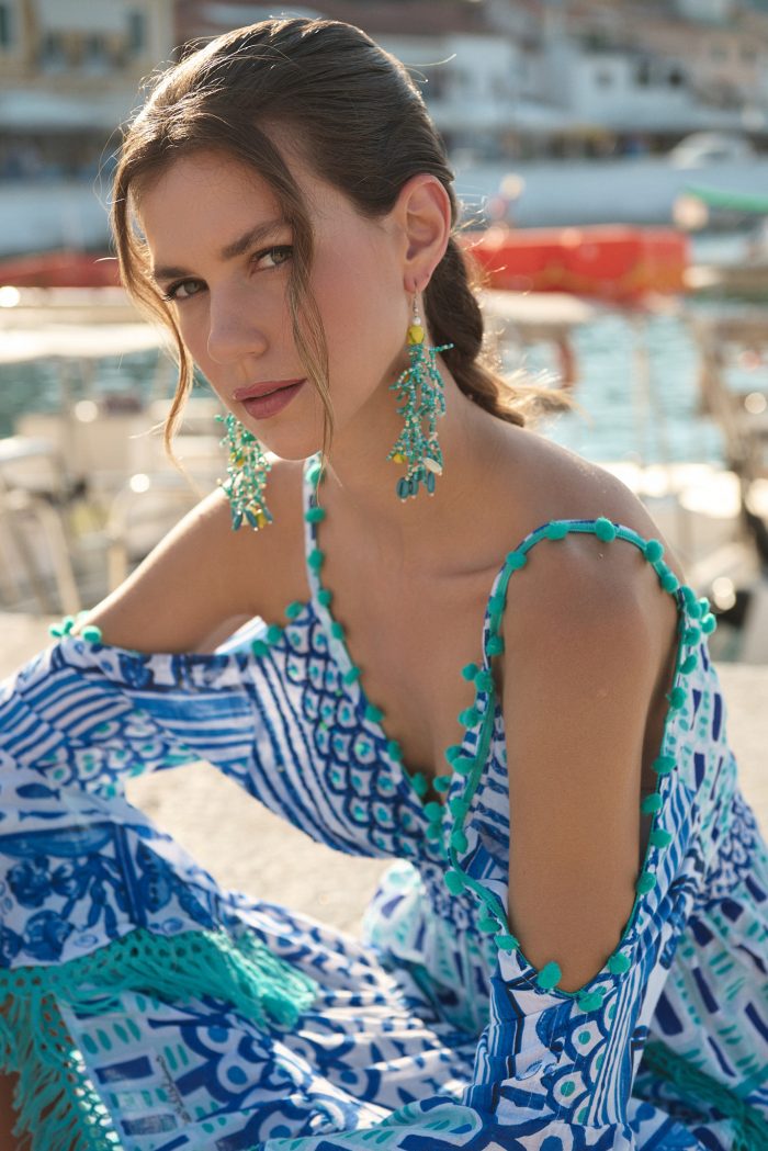 Mini Φόρεμα “Sirena” με Ethnic Ραφές και Μπλε Tribal Pattern