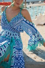 Mini Φόρεμα “Sirena” με Ethnic Ραφές και Μπλε Tribal Pattern