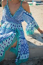 Mini Φόρεμα “Sirena” με Ethnic Ραφές και Μπλε Tribal Pattern