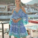Mini Φόρεμα “Sirena” με Ethnic Ραφές και Μπλε Tribal Pattern