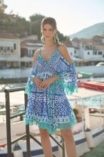 Mini Φόρεμα “Sirena” με Ethnic Ραφές και Μπλε Tribal Pattern
