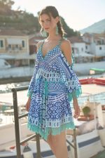 Mini Φόρεμα “Sirena” με Ethnic Ραφές και Μπλε Tribal Pattern
