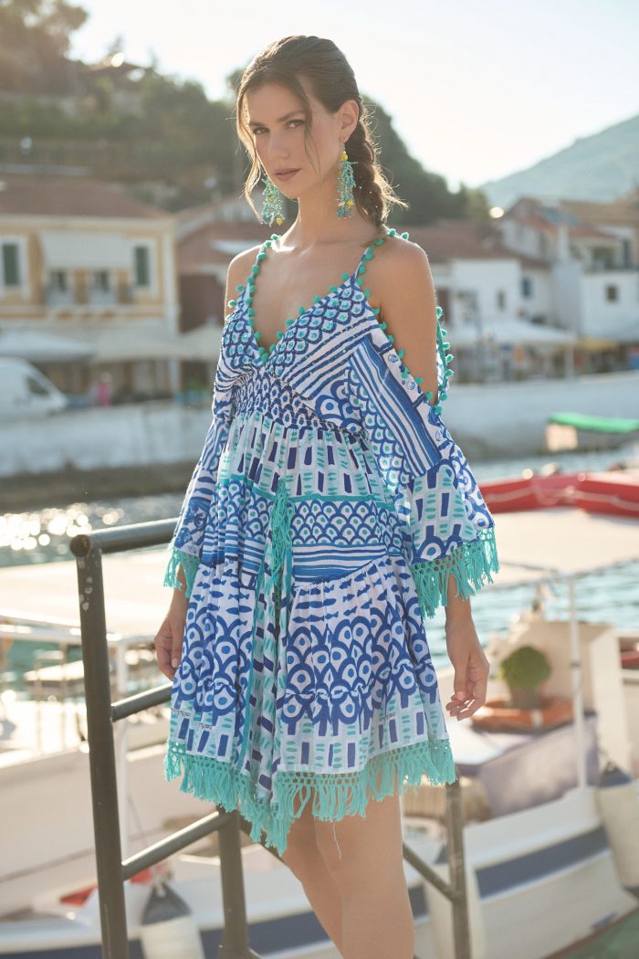 Mini Φόρεμα “Sirena” με Ethnic Ραφές και Μπλε Tribal Pattern