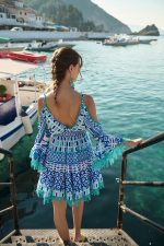 Mini Φόρεμα “Sirena” με Ethnic Ραφές και Μπλε Tribal Pattern