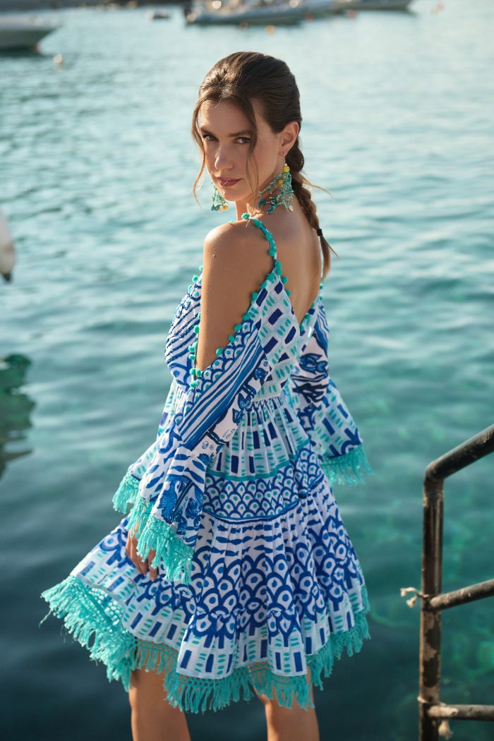 Mini Φόρεμα “Sirena” με Ethnic Ραφές και Μπλε Tribal Pattern