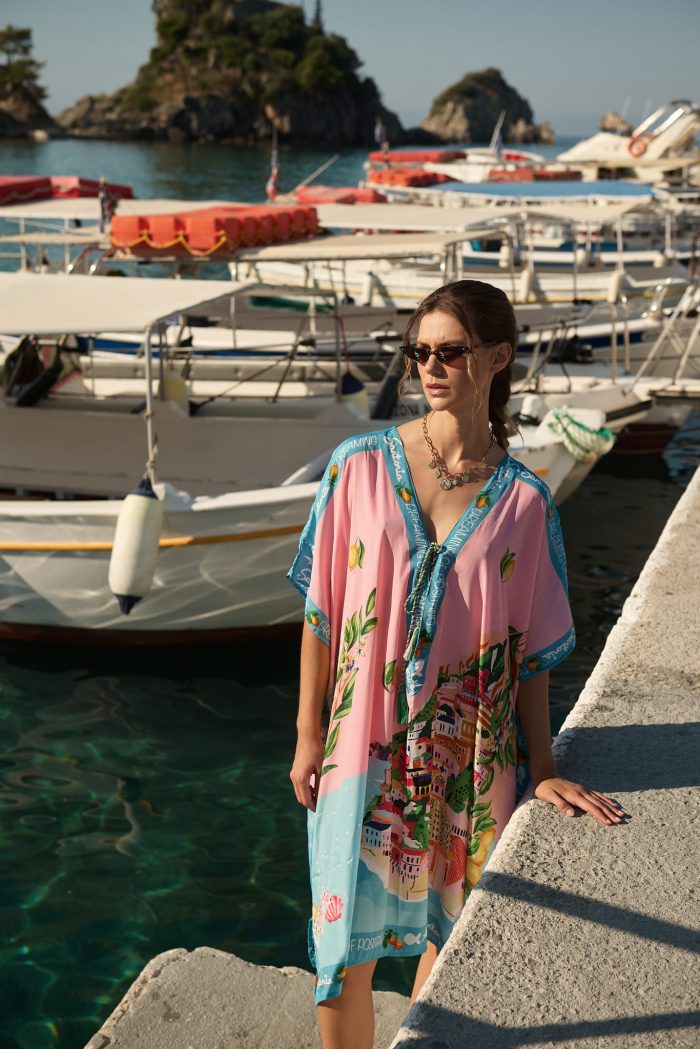 Oversized Καφτάνι “Dreaming of Positano” Ροζ Με Λεμονένιο Print