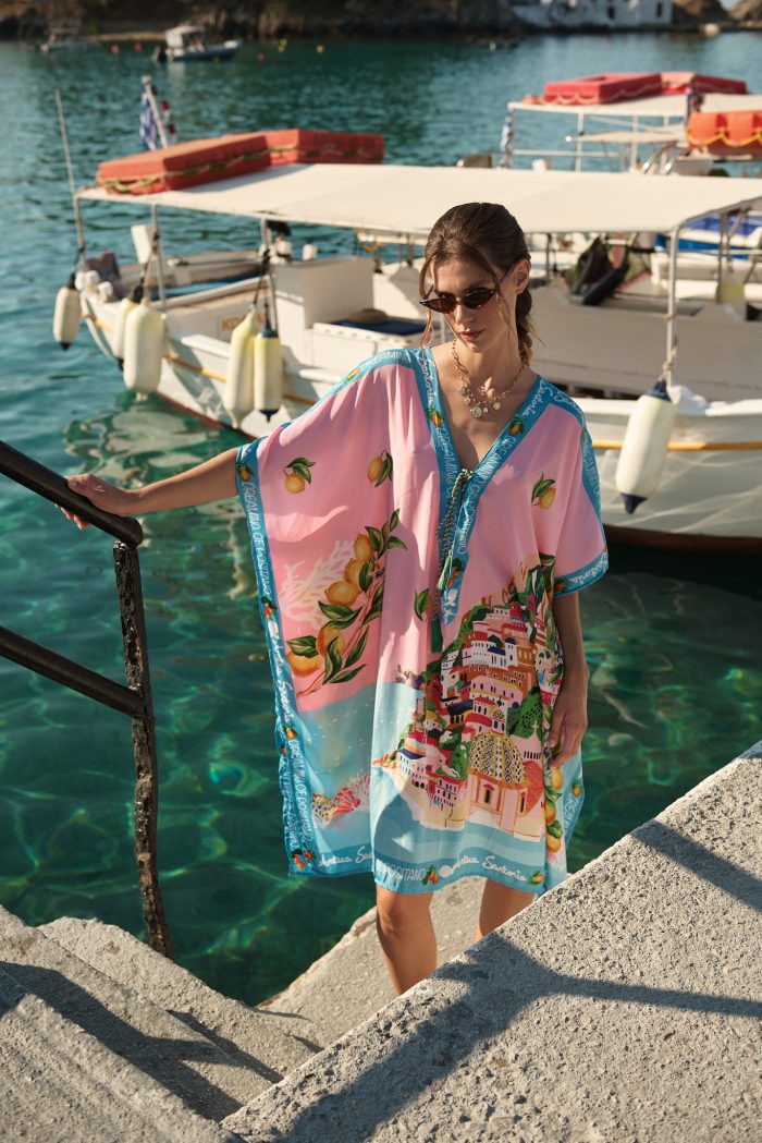 Oversized Καφτάνι “Dreaming of Positano” Ροζ Με Λεμονένιο Print