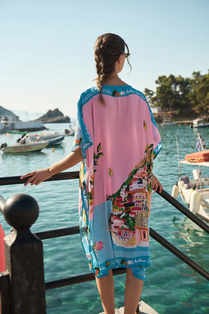 Oversized Καφτάνι “Dreaming of Positano” Ροζ Με Λεμονένιο Print