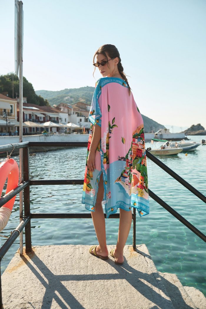Oversized Καφτάνι “Dreaming of Positano” Ροζ Με Λεμονένιο Print