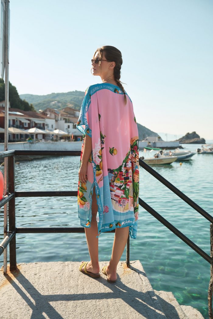 Oversized Καφτάνι “Dreaming of Positano” Ροζ Με Λεμονένιο Print
