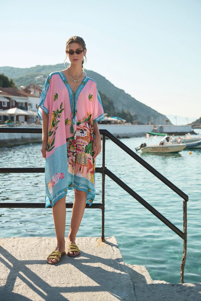 Oversized Καφτάνι “Dreaming of Positano” Ροζ Με Λεμονένιο Print