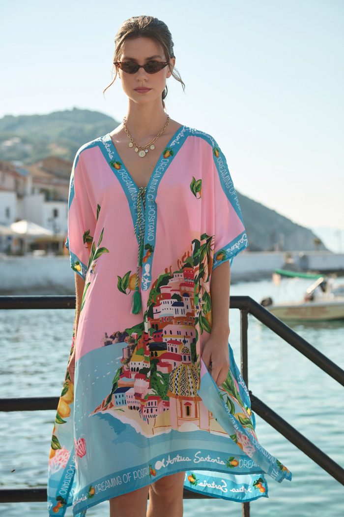 Oversized Καφτάνι “Dreaming of Positano” Ροζ Με Λεμονένιο Print
