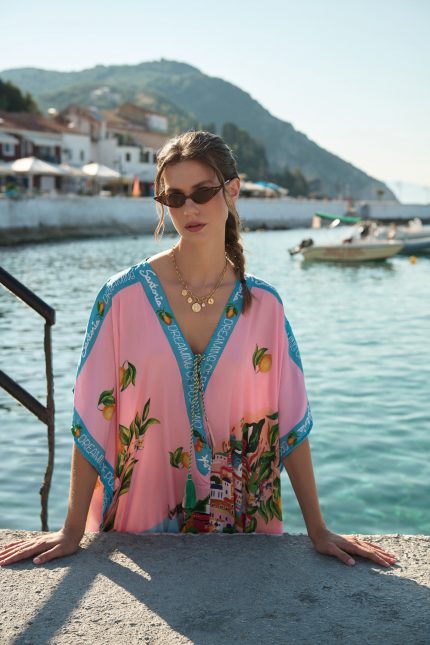 Oversized Καφτάνι “Dreaming of Positano” Ροζ Με Λεμονένιο Print