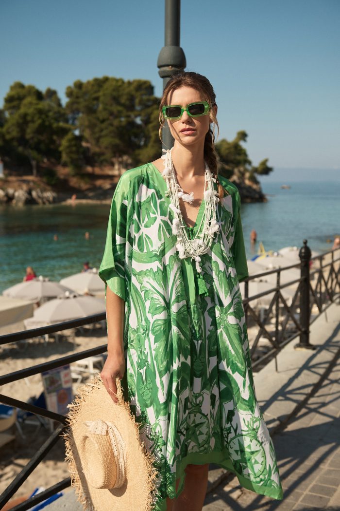 Καφτάνι Σατέν Με Τροπικό Πράσινο Print Oversized Σε Γαλάζιο Print (Copy)