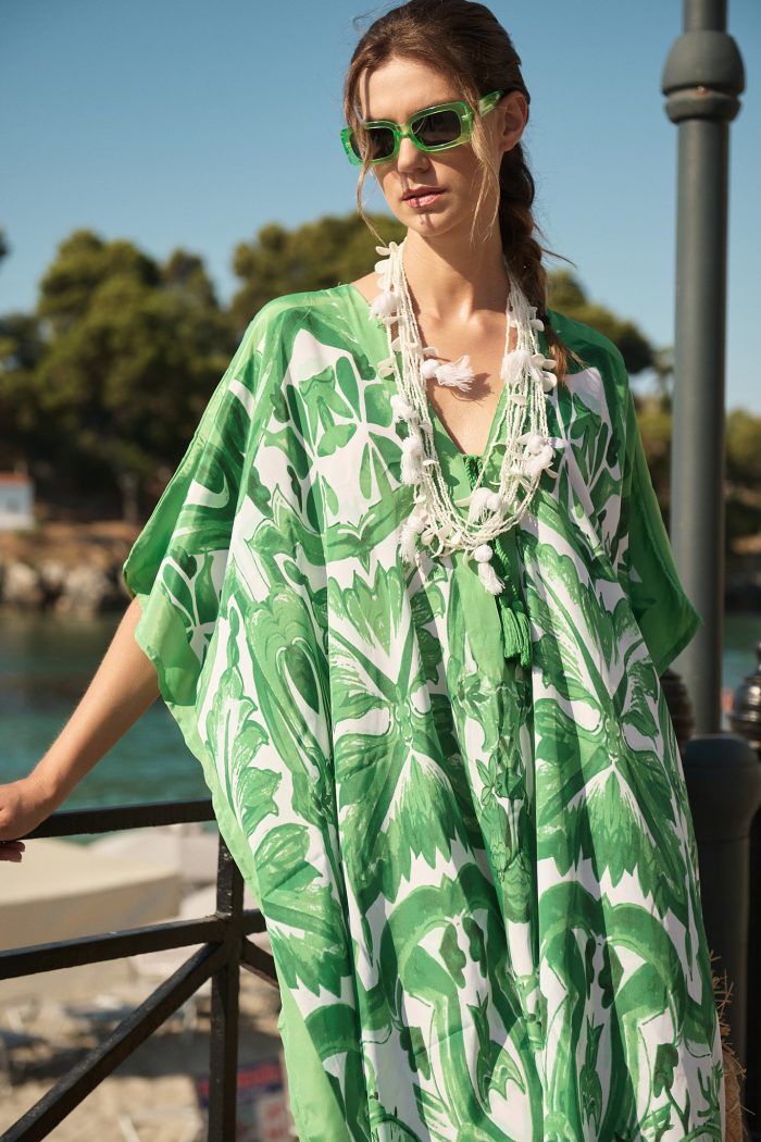 Καφτάνι Σατέν Με Τροπικό Πράσινο Print Oversized Σε Γαλάζιο Print (Copy)