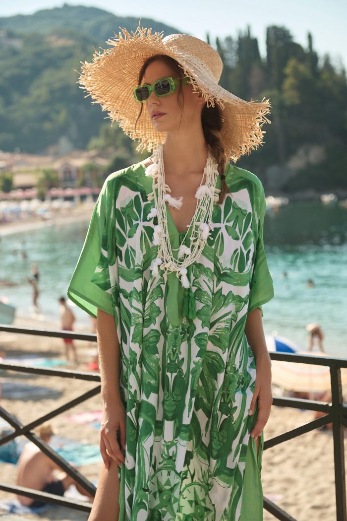 Καφτάνι Σατέν Με Τροπικό Πράσινο Print Oversized Σε Γαλάζιο Print (Copy)