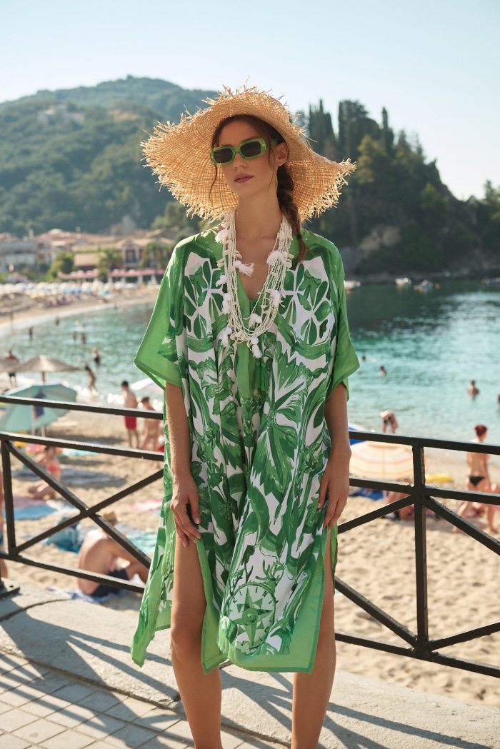 Καφτάνι Σατέν Με Τροπικό Πράσινο Print Oversized Σε Γαλάζιο Print (Copy)