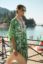Καφτάνι Σατέν Με Τροπικό Πράσινο Print Oversized Σε Γαλάζιο Print (Copy)