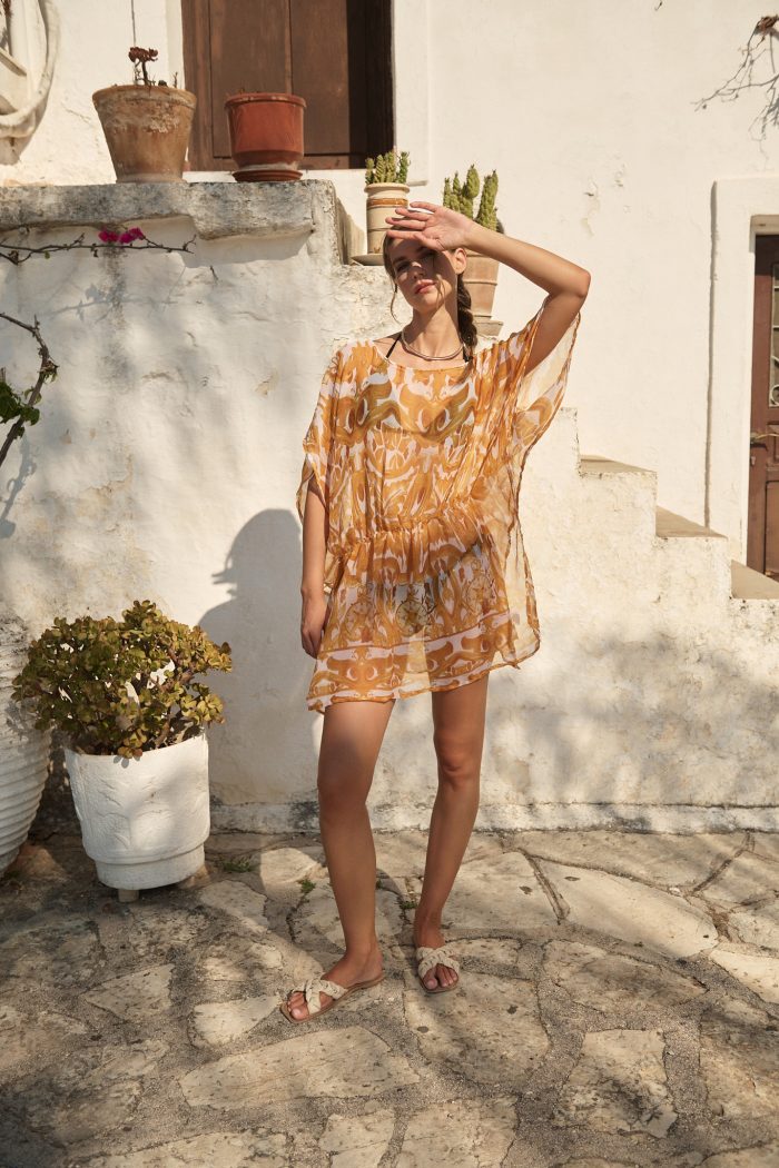 Καφτάνι “Soleil d’Or” Διάφανο με Χρυσοπορτοκαλί Ανάγλυφο Print