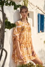 Καφτάνι “Soleil d’Or” Διάφανο με Χρυσοπορτοκαλί Ανάγλυφο Print