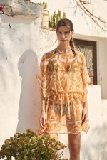 Καφτάνι “Soleil d’Or” Διάφανο με Χρυσοπορτοκαλί Ανάγλυφο Print