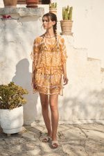 Καφτάνι “Soleil d’Or” Διάφανο με Χρυσοπορτοκαλί Ανάγλυφο Print