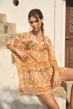 Καφτάνι “Soleil d’Or” Διάφανο με Χρυσοπορτοκαλί Ανάγλυφο Print