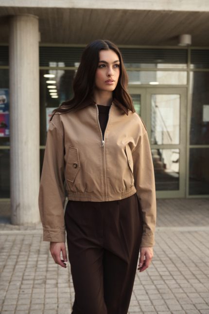 Μπεζ Bomber με Καφέ Κοτλέ Γιακά “Harper”
