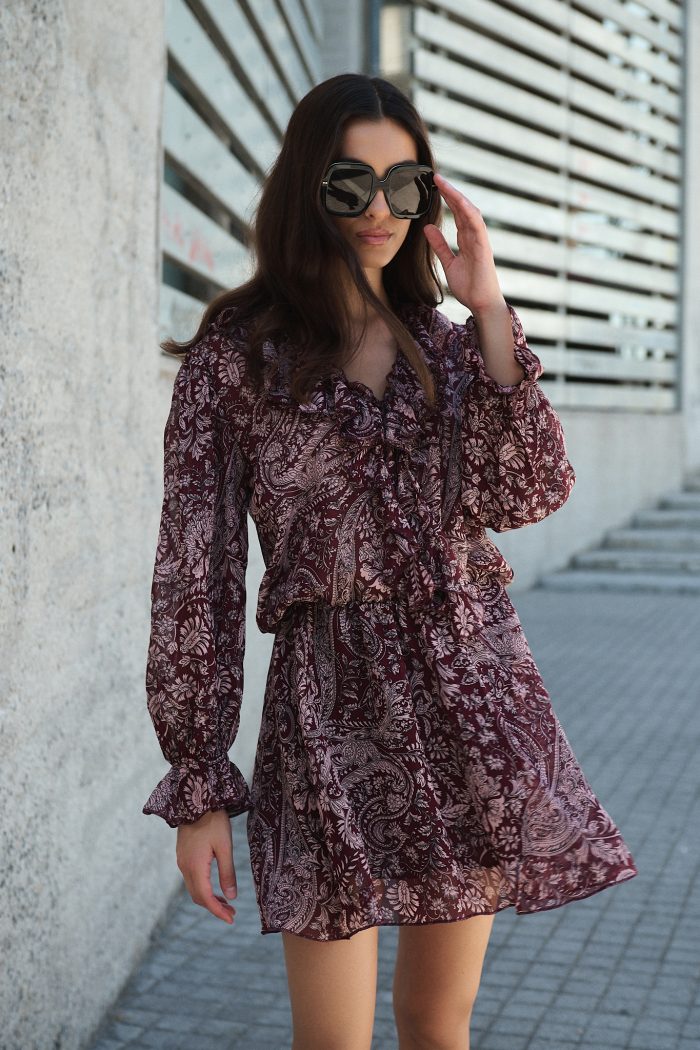 Μίνι Φόρεμα Μπορντό με Paisley Print “Adele”