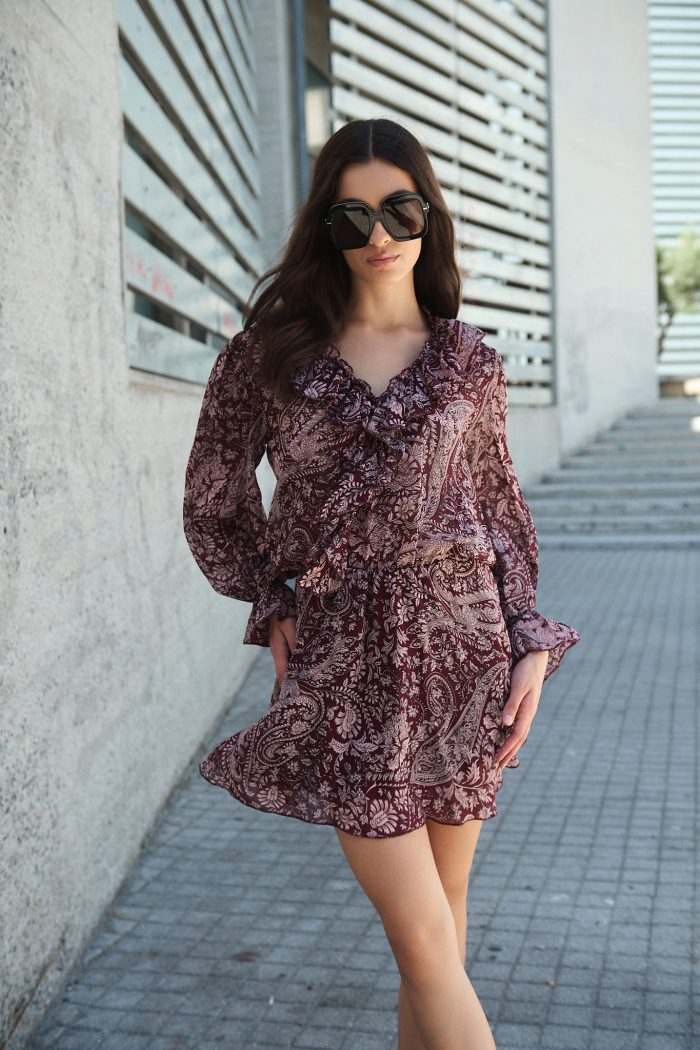 Μίνι Φόρεμα Μπορντό με Paisley Print “Adele”