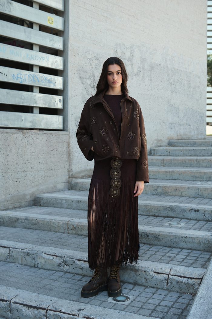 Καφέ Κεντητό Jacket με Παγέτες “Dahlia”