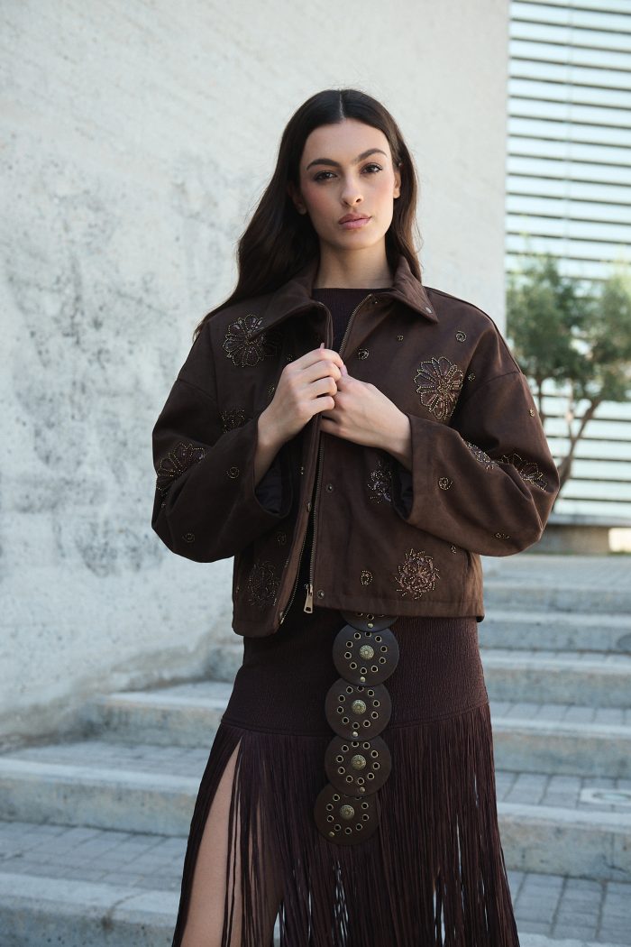 Καφέ Κεντητό Jacket με Παγέτες “Dahlia”