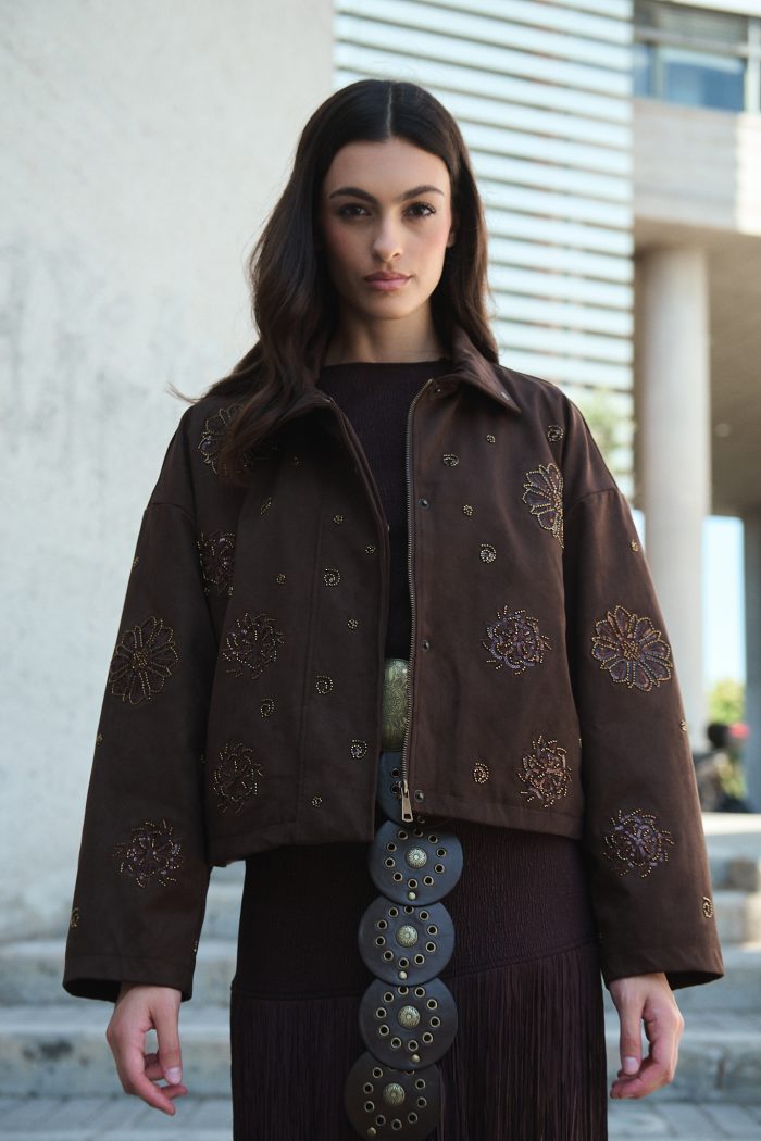 Καφέ Κεντητό Jacket με Παγέτες “Dahlia”
