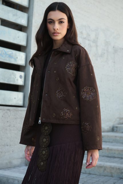 Καφέ Κεντητό Jacket με Παγέτες “Dahlia”