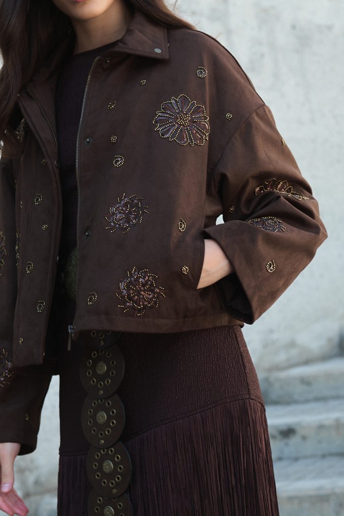 Καφέ Κεντητό Jacket με Παγέτες “Dahlia”