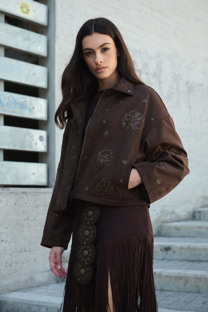 Καφέ Κεντητό Jacket με Παγέτες “Dahlia”