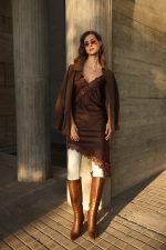 Φόρεμα Σατέν Σοκολατί Με Δαντέλα “Bronze Rose”