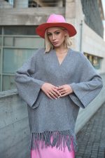 Πλεκτή γκρι ζακέτα με κρόσσια “Dove”