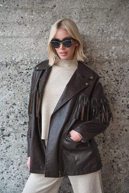 Καφέ Faux Leather Jacket Με Κρόσσια “Raven”