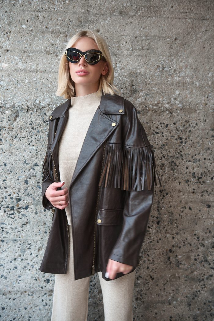 Καφέ Faux Leather Jacket Με Κρόσσια “Raven”